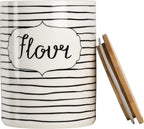 10 Strawberry Street Labeled Ceramic Kitchen Canister Set, Set of 3, Coffee Sugar Flour, White/Black, Bamboo Lids