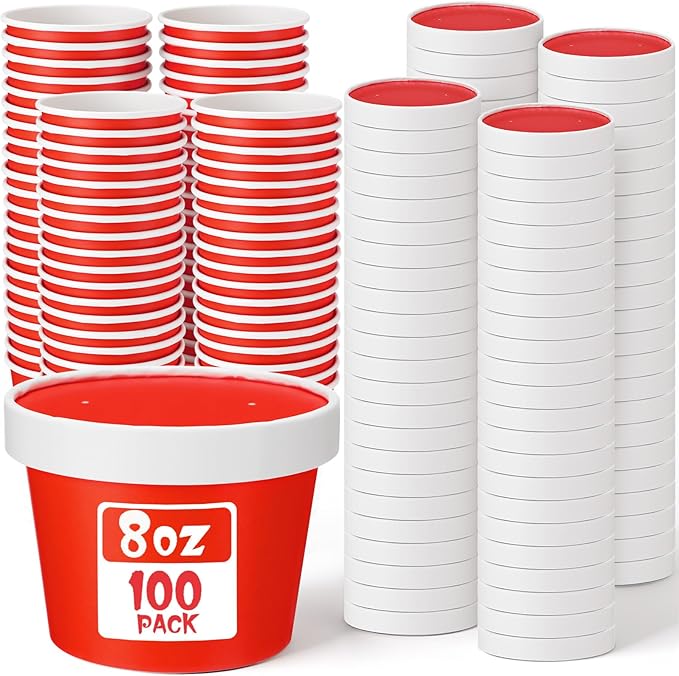Fulmoon 100 Pack Paper Soup Containers with Lids Disposable Paper Food Containers with Vented Lids Kraft Ice Cream Bowls Soup Cup Ice Cream Cups for Restaurants (8 oz,Red)