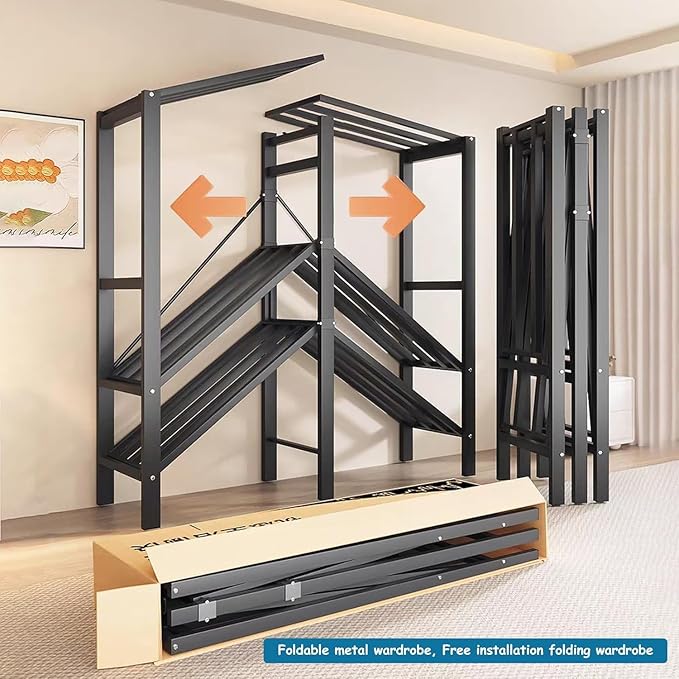 Heavy Duty Covered Clothes Rack with Magnetic Door Foldable Portable Wardrobe Closet for Hanging Clothing Rolling Black Metal Garment Rack on Wheels Closet System (Dragon Sandalwood, 70.89in)