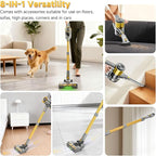 Shieal Cordless Stick Vacuum Cleaner - 45KPA Powerful Suction Vacuum with 45 Min Runtime, Detachable Battery, Anti-Tangle & 1.5L Dust Cup, 8 in 1 Vacuum Cleaner for Pet Hair, Carpet, HardFloor, Yellow
