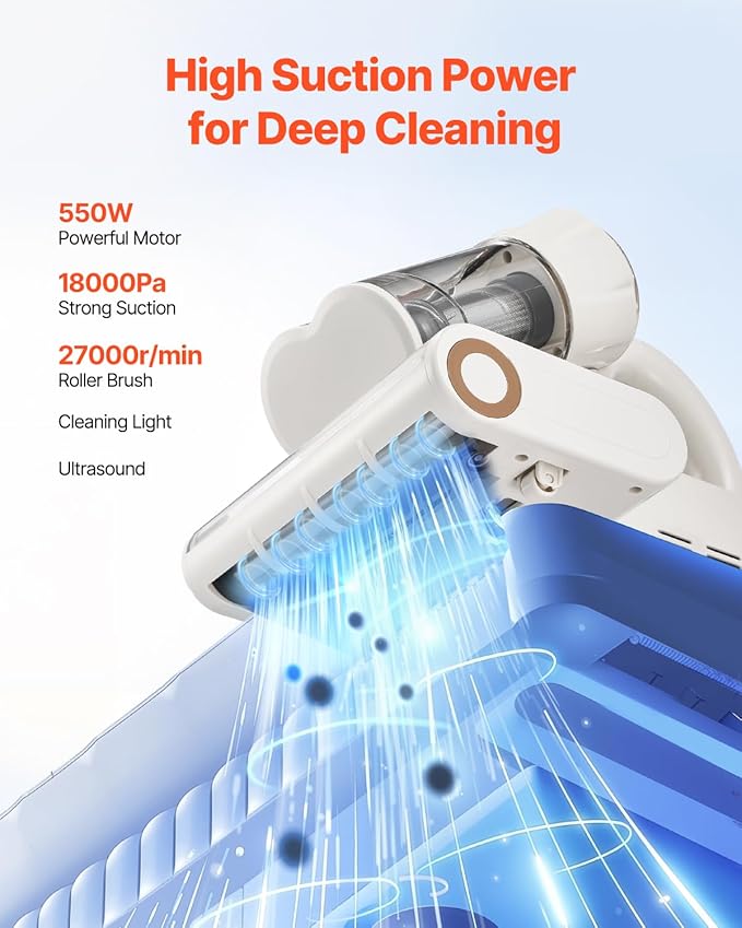 VEVOR Mattress Vacuum Cleaner, 550W Bed Vacuum Cleaner with 18Kpa Powerful Suction and Dual Dust Bin, HEPA Filter & Heating, Ultrasound Tech & Cleaning Lights, Handheld for Bed, Sofa, Corded, White