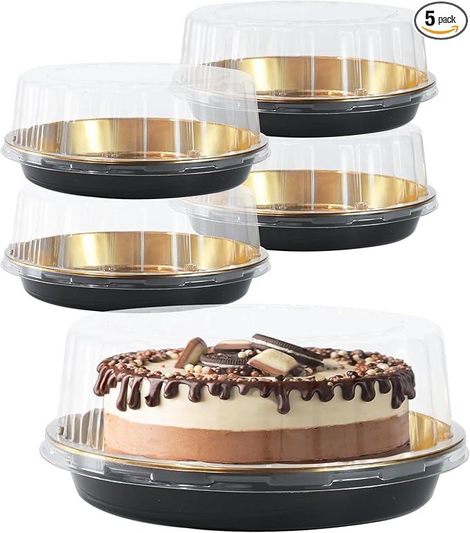 FEOOWV 5Pack 10inch Round Clear +Gold Cake Carriers for Transport Plastic Cake Containers Carriers with Dome Lids and Cake Boards Clear Bundt Cake Boxes