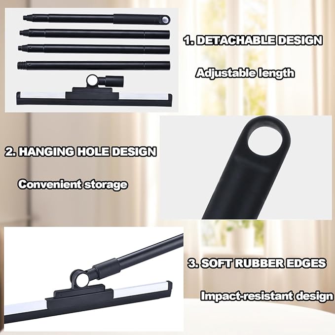 Floor Squeegee - 52 Inch Adjustable Long Handle 14.2 Inch Rubber Blade 180° Rotatable Head Heavy Duty Squeegee Broom for Floor Window Bathroom Tile Garage Concrete Shower Patio (Black)