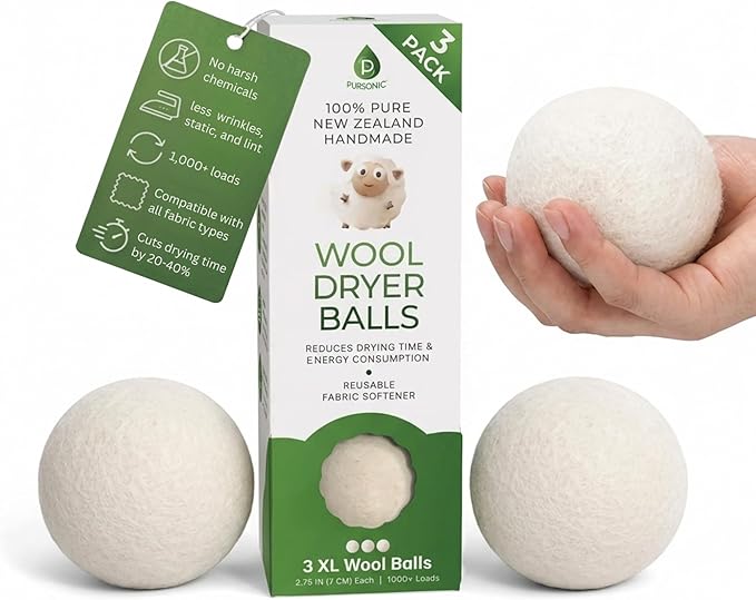 Pursonic Laundry Wool Dryer Balls – Reusable Dryer Balls Made from 100% Pure New Zealand Wool – Natural Fabric Softener Balls - Saves Drying Time/Energy Consumption (Pack of 3)