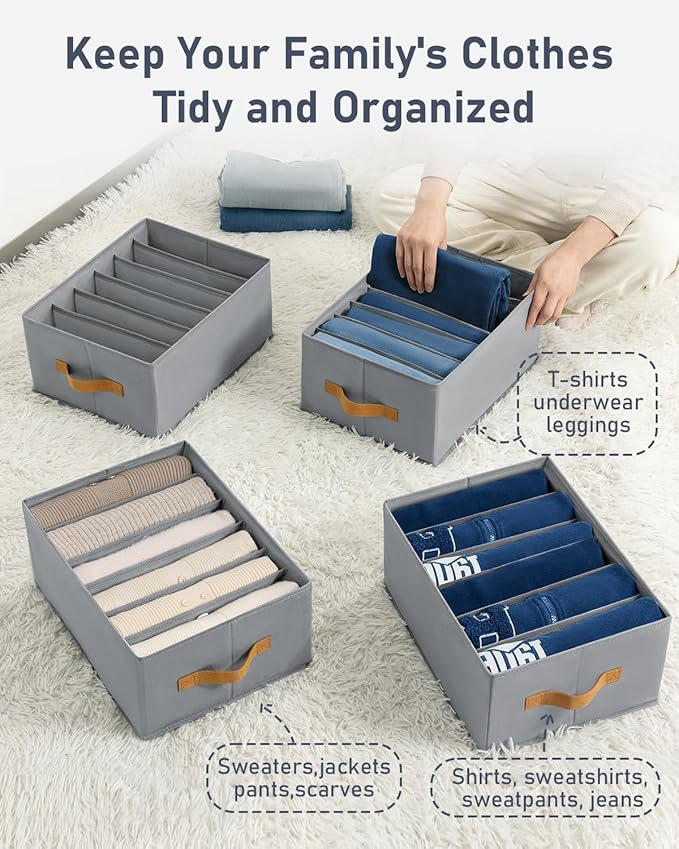DIMJ Large Wardrobe Clothes Organizers - Foldable Closet Clothing Organizer for Jean Sweater Shirt Pants Underwear Bra, Divided Clothes Drawer, Grey Closet Shelf Organizer Boxes
