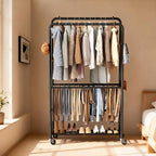 Clothes Racks for Hanging Clothes, Rolling Clothing Rack with Pants Rack, Side Hooks & Shoe Shelf, Portable Garment Rack for Bedroom, Laundry Room, Clothing Store, Closet, Black