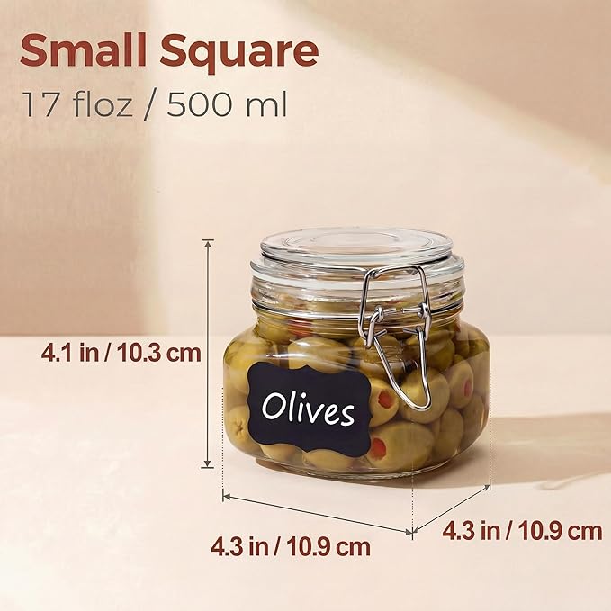 17oz - 6 Pack Square Glass Jars with Airtight Lid, Wide Mouth Mason Jars with Clamp Lids, Air Tight Glass Canisters, Best Food Storage Containers for Cereal, Pasta, Rice, Sugar, Coffee, Spice