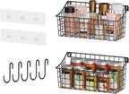 2 Pack Wall Hanging Baskets for Organizing, Large Metal Wire Basket with 5 Hooks+2 Strong Long Adhesive Hooks,Kitchen Hanging Mesh Organizer, Wall Mounted Bin for Kitchen, Bathroom, Bedroom,SUV,Garage