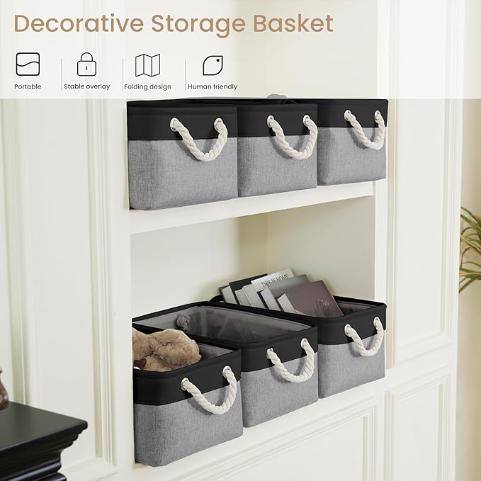 Storage Baskets for Shelves 13.8x9.8x6.7 Inch-Foldable Fabric Organizing Storage Bins with Handles, Closet & Bathroom Organizer, Home Storage for Kitchen, Office (3-Pack, Black&Gray)