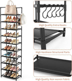 LANTEFUL 10 Tiers Tall Shoe Rack 20-25 Pairs Boots Organizer Storage Sturdy Narrow Shoe Shelf for Entryway, Closets with Hooks, Black