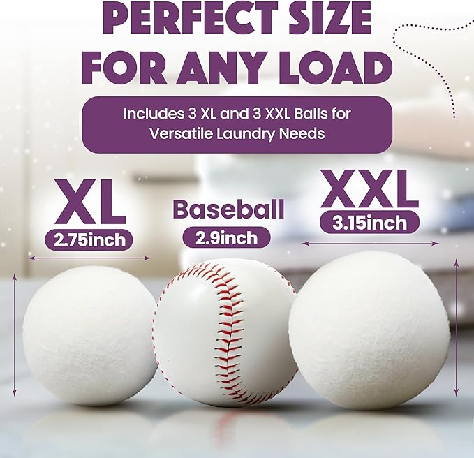 Wool Dryer Balls XL 6-Pack (3 XXL + 3 XL) – 100% New Zealand Wool, Hypoallergenic, Chemical-Free Fabric Softener – Reusable for 1,500+ Loads – Anti-Static & Baby-Safe