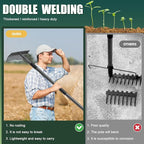 60'' Heavy Duty Garden Rake with Stainless Steel Handle, Metal Head for Loosening Soil, Gathering Leaves, Leveling Lawns