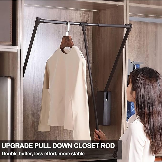 Pull Down Closet Rod for Hanging Clothes, Retractable Wardrobe Hanger for Cabinet Inside Width 21.6"~26", Aluminium alloy Tubing with Plastic Housing, 44 lb Weight Rating