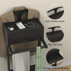 Wooden Valet Stand for Men, Clothing Rack with Drawer, Coat Hanger, Tray, Rods, Shoe Shelf, Women Garment Valet for Bedroom, Living Room, Office, Entryway, Black