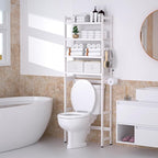 Cozivolife Over The Toilet Storage with 2 Baskets, 4-Tier Bamboo Organizer Rack with Paper Holder & 4 Hooks & Waterproof Feet Pad,Freestanding Shelf for Bathroom(White)