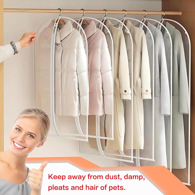 Clear Garment Bags for Hanging Clothes Travel (24'' x 54'' Set of 6) Clothes Storage Bags Closet Cover for Open Closet with Zipper for Suit, Sweaters Travel Laundry Wardrobe Closet Garment Dust Cover