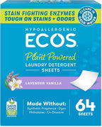ECOS Laundry Detergent Sheets Vegan, No Plastic Jug, No Mess, Liquid Free - Hypoallergenic, Plant Powered Laundry Detergent Sheet - Lavender Vanilla - 64 Count (Pack of 1)