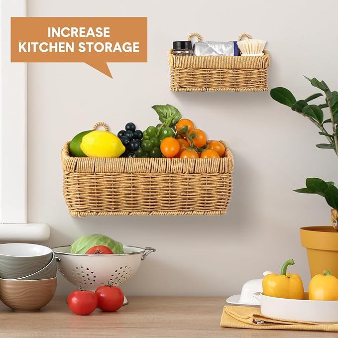 Tioncy 2 Pcs Woven Hanging Wall Baskets for Storage Boho Style Hanging Storage Plastic Woven Baskets with 4 Hooks for Kitchen Garden Living Room