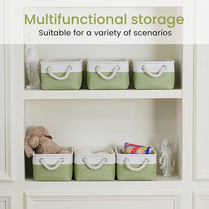 Storage Baskets for Shelves 11.8x7.9x5.2 Inch-Foldable Fabric Organizing Storage Bins with Handles, Closet & Bathroom Organizer, Home Storage for Kitchen, Office (3-Pack, White&Green)