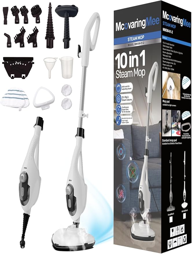11-in-1 Steam Mop, 1550W Powerful Handheld Steam Cleaner, 260°F Multi-Functional Floor Steamer with 21.3FT Cord for Floors, Hardwood, Tiles, Grout, Windows, Kitchen, Bath, Adjustable (White)