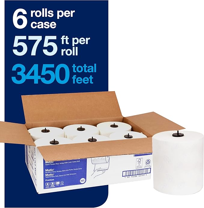 Tork Matic Soft Hand Towel Roll, White, Premium, H1, Quick-Absorbing, Long-Lasting, Thick 2-Ply, 6 Rolls x 575 ft, 290096 & Mini Jumbo Toilet Paper Roll White T2, Advanced, 2-Ply, 12 x 751', 12024402