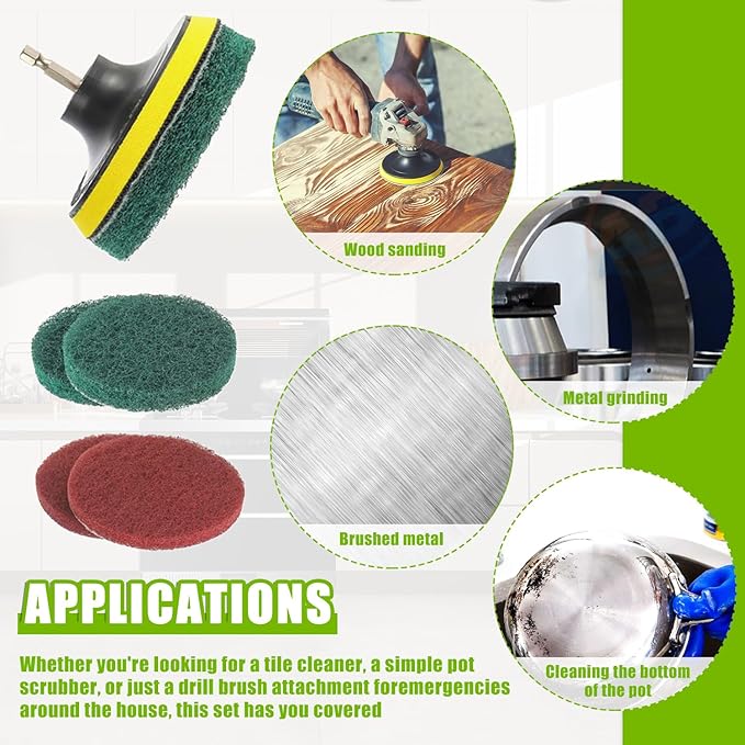 5 Inch Scrub Drill Brush Power Scouring Pads Household Cleaning Set for Kitchen Bathroom 4 Red Pads 4 Green Pads 1 Drill Attachment and 1 Universal Shaft