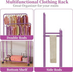 Simple Trending Clothing Clothes Rack Double Rods with Wheels, Rolling Metal Garment Rack for Hanging, Purple