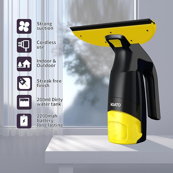 Kiato Window Vacuum Squeegee Cordless, 11" Rechargeable Window Vac Cleaner with Spray Bottle, Electric Squeegee for Windows, Tiles, Mirrors, 200ml Water Tank, WC04