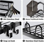 AKTECKE Corner Shower Caddy, 2 Pack Adhesive Shower Corner Organizer Shelves, No Drilling Stainless Steel Shower Storage Rack with Hooks&Toothpaste Holder for Bathroom Kitchen （for 90° Corners Only）