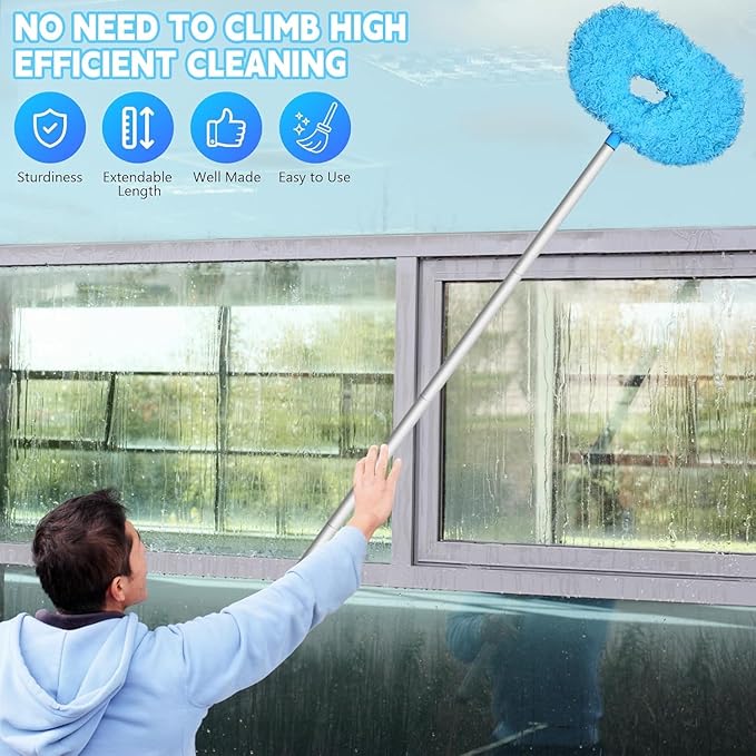 Eunice 2 Dusters Heads Ceiling Fan Duster with Extension Pole - Adjustable and Removable Fan Cleaner Blade for High Ceiling, Window Door Furniture (Blue)