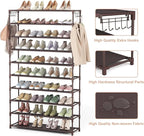 LANTEFUL 10 Tiers Shoe Rack 50 Pairs Large Capacity Tall Shoe Organizer Sturdy Shoe Storage with Two Hooks Space Saving Metal Wide Shoe Rack for Closet, Entryway, Bedroom, Brown