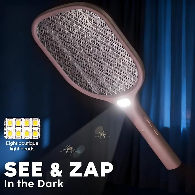 Electric Fly Swatter Racket 3000V Bug Zappers, Mosquito Zappers USB Rechargeable, 1200mAh Mosquitoes Killer Lamp & Fly Zappers with 3 Layer Safety Mesh for Home, Bedroom, Kitchen, Patio (1Pack-Pink)