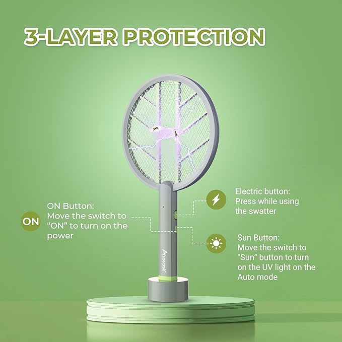 Aspectek 3000V Electric Fly Swatter for Indoor and Outdoor Use, Portable, Rechargeable Bug Zapper Racket with Improved Battery Life, USB Charging Cable, Wall Bracket, White -Green