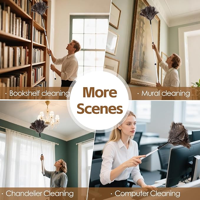 Extendable Ostrich Feather Duster up to 25-49 inches Fluffy Feathers Long Handle Reusable for Cleaning Ceiling Fan Pendant lamp Feather Duster 1pcs