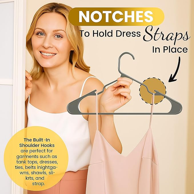 Our Modern Space 200 Pack Plastic Hanger for Shirt Pants Coats Dresses Skirts Suits Jackets - Standard Thick Coat Hanger - Sturdy & Durable Design with Shoulder Grooves Hook - Grey