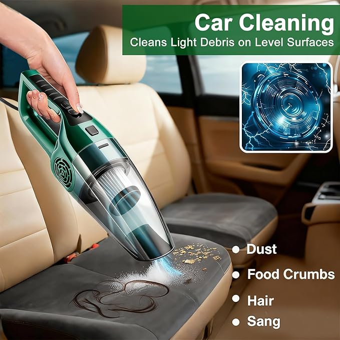 Car Vacuum Cleaner – 9000PA High Power Suction, DC 12V Portable Handheld Auto Vacuum with Attachments, Mini Car Interior Cleaner for Pet Hair, Dust, Crumbs, and Debris (Green)