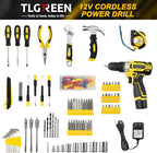 TLGREEN Complete Home Tool Kit with 12V Cordless Drill & Magnetic Bits | 138Pcs All-in-One Set for DIY, Repairs & Assembly | Durable Case & Fast Charging | Ideal for New Homeowners | Yellow