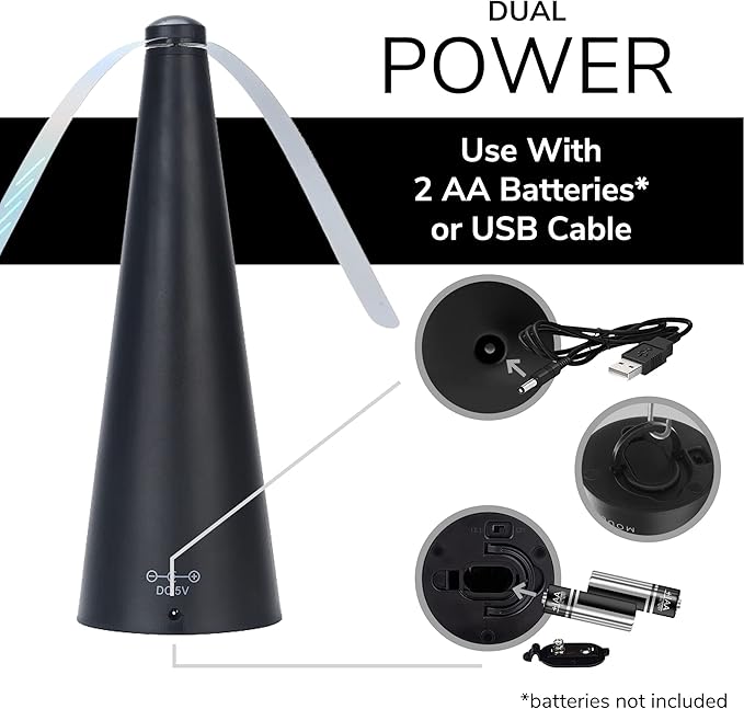 Fly Fans for Tables by Modern Lyfe - AA Battery & USB Powered - Fly Swatter Outdoor Camping Accessory Or for Food at Parties, Restaurants & Picnics, Bug Fan, Spinner Keeps Flies Away (2 Pack - Black)