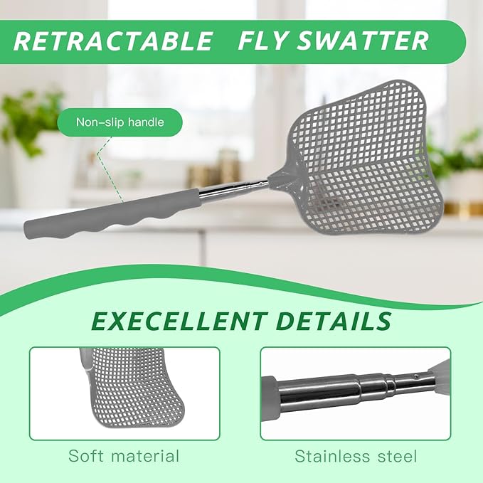 MYSTICHOME Fly Swatter 1 Pack, Durable Heavy Duty Plastic Fly Swatters, Stainless Steel Telescopic FlySwatter for Indoors/Outdoor/Kitchen/Garden (Grey)