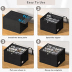 Shoe Organizer for Closet, 2 Pack Sturdy Shoe Storage Bins with Clear Cover, Fits 16-32 Pairs, Foldable Shoe Storage Box with Reinforced Handles (Black, 19.7 * 15.7 * 12.6in)