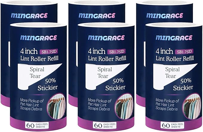 4 inch Lint Roller Refills Only Compatible with Scotch Brite Pet Hair Pickup Everyday Clean Lint Rollers, 50% Stickier, 60 Sheets Each Refill, 6 Pack, 360 Sheets Total (1 3/4'' Inside Dia.)