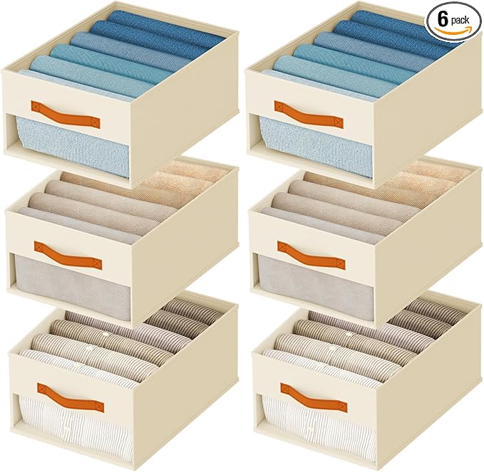 Homsorout Drawer Organizers and Storage - 6 Pack Foldable Pants Organizer with Clear Window & Handles, Fabric Closet Organizer for Clothes, Jeans, Sweaters, Towels, T-shirt, Scarf (Beige)