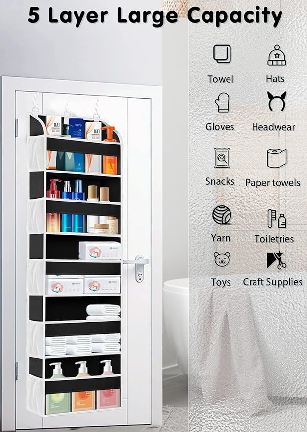 TAHAVICE 1 Pack Over The Door Storage Organizer with 5 Pockets 10 Mesh Side Pockets, 44 lbs Weight Capacity Door Hanging Organizers and Storage for Bedroom,Bathroom,Nursery,Pantry,Dorm(Black)