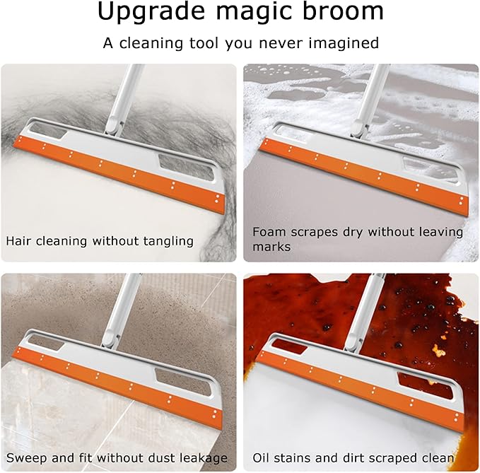 Magic Broom Multifunction Silicone Floor Squeegee, Air Broom for Floor with 56" Long Handle, 4-in-1 Rubber Sweeper for Dirt, Liquids, Pet Hair, Tile Hardwood Floors, Carpet, Living Room (Purple)