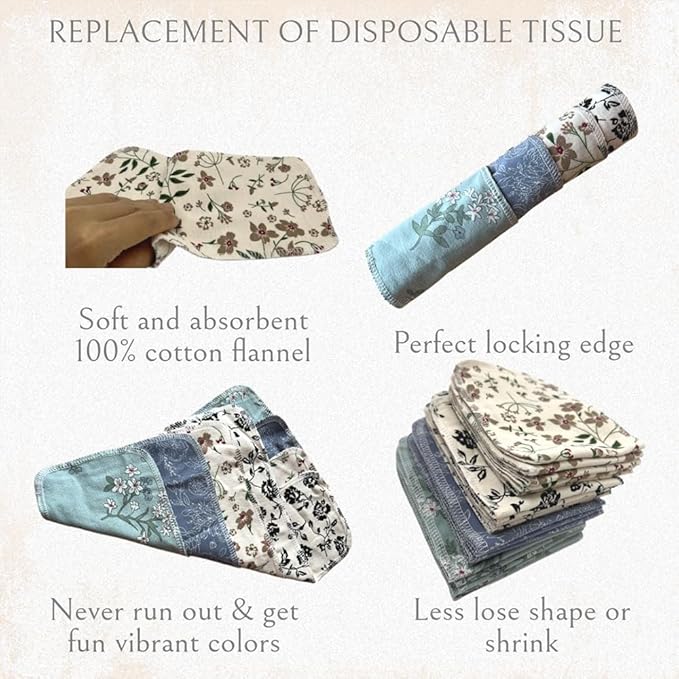 Reusable Toilet Paper Towels 20 Count Roll,Washable Cotton Cloth Paper Bidet Towels,2-Ply Super Soft Absorbent,Paperless Wipes Zero Waste(4 Colors Flower)