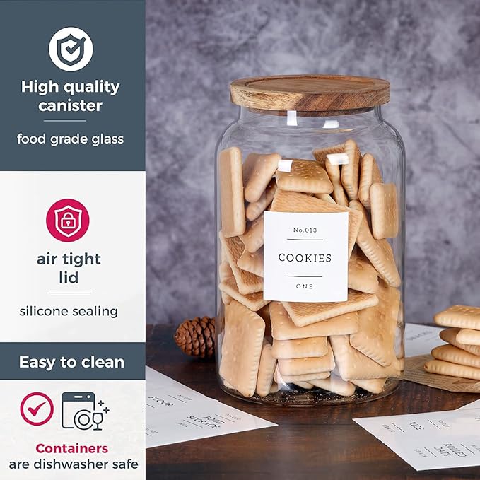 1 Gallon Large Glass Cookie jar with Airtight Acacia lids - Thicken Big Food Storage Containers with 42 Kitchen Waterproof Pantry Labels Preprinted - Clear Glass Canister for Flour, Rice, Coffee