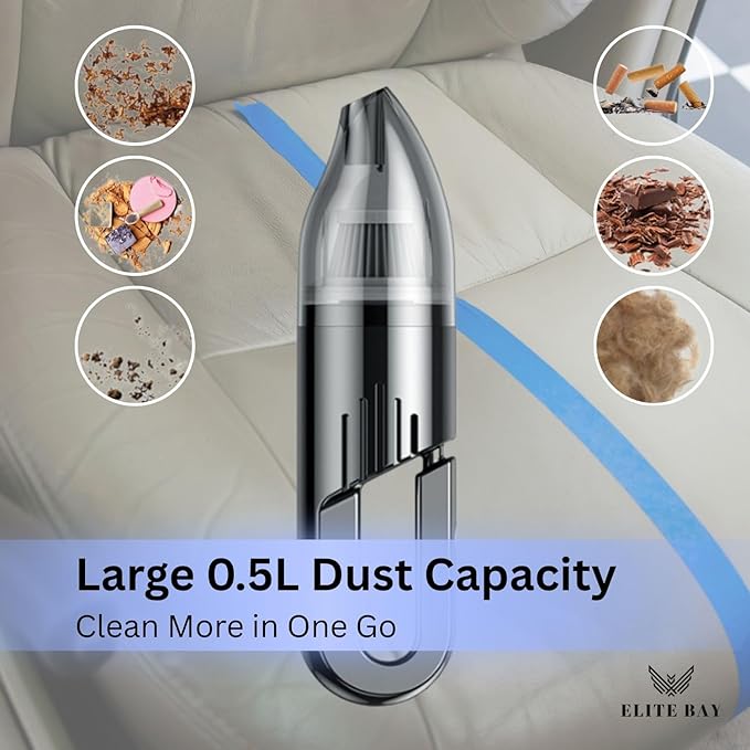 Car Vacuum Cleaner – 120W High-Power Cordless Mini Vacuum with USB Charging | Dual 2000mAh Battery | Lightweight 0.36kg | 0.5L Dust Capacity | Compact Handheld Cleaner Car Home Office