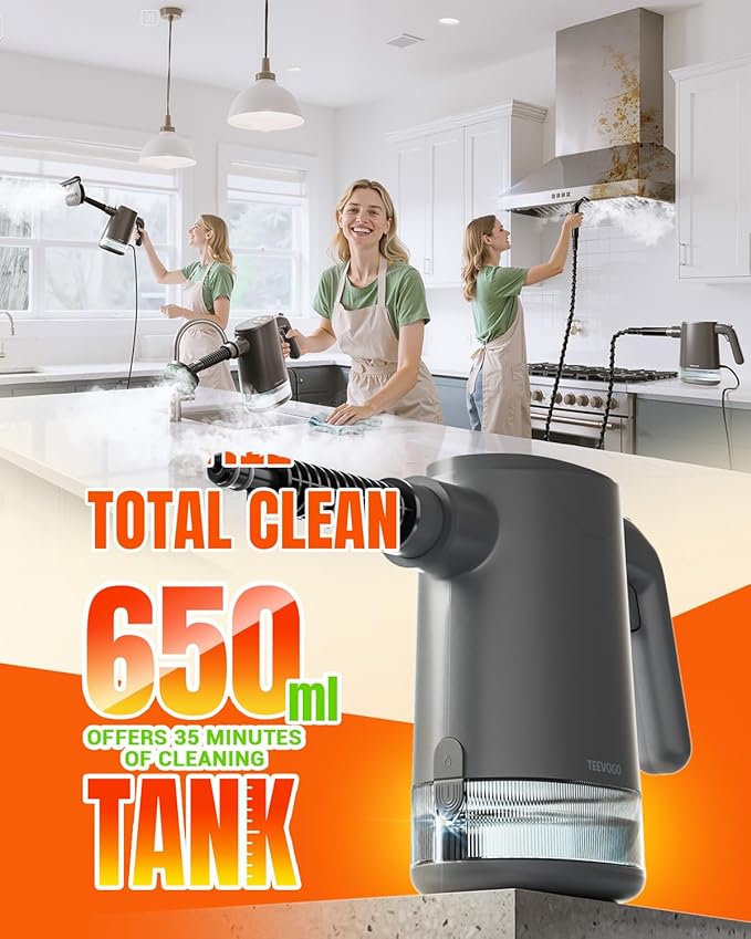TEEVOGO Handheld Steam Cleaner for Home, Portable Steamer Cleaner with 12 Accessories, 15S Fast Heat Up, Steam Adjustable, Steamer for Cleaning Grout, Floor, Kitchen, Bathroom, Windows, Black