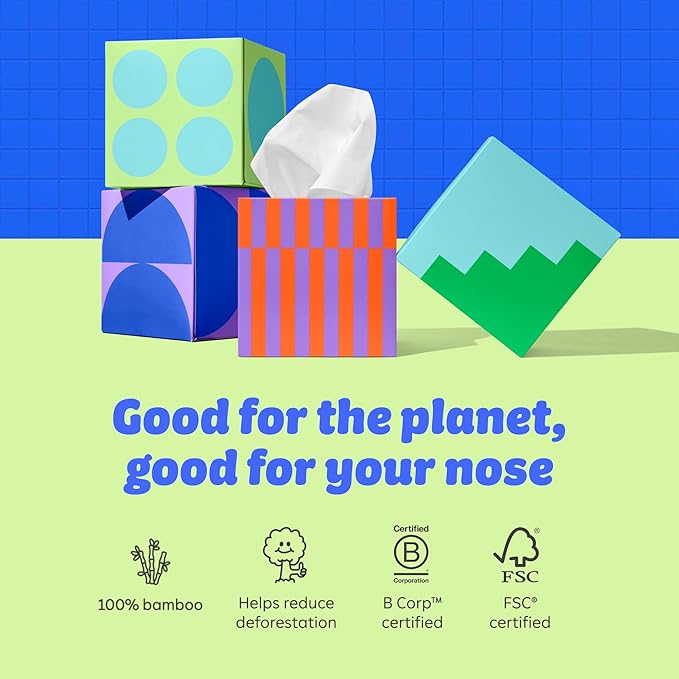 Who Gives a Crap Bamboo Tissues, Facial Tissue Cube Boxes, 100% Bamboo, 3 Ply, 12 Boxes, 65 Sheets per Box, Soft, Strong, and Sustainable, Eco Friendly With Plastic Free Packaging, 780 Total Tissues