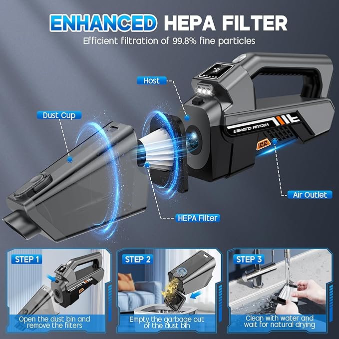 EYYA Handheld Vacuum Cordless, 16KPA Powerful Suction Hand Held Vacuum Cleaner Dust Busters Cordless Rechargeable, HD Display & 3 LED Lights, Portable Vacuum for Car, Home, Pet Hair